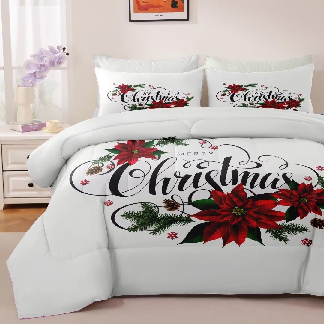 GRAT TIOC Christmas Comforter King,Xmas Bedding Set Set,Red Poinsettia Flowers Comforter Merry Christmas Bed Bedroom Set Home Decor for Kids Girls Women White