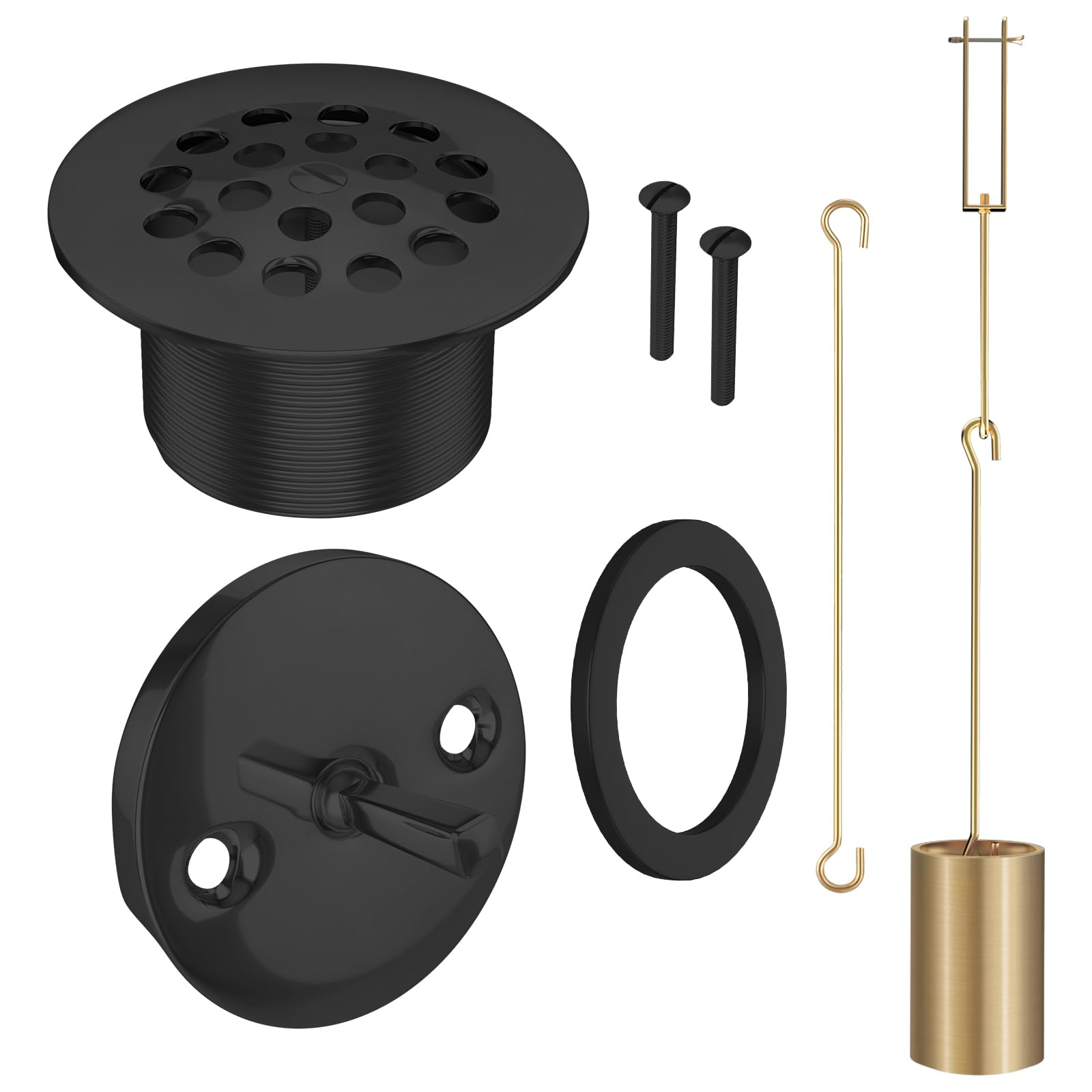 Tub Drain Linkage Assembly with Trip Lever and Strainer Done Cover, Trip Lever Overflow Faceplate Trim Kit with Screws, Fit for Trip Lever Bath Tub Waste and Overflow Drain(Matt Black)