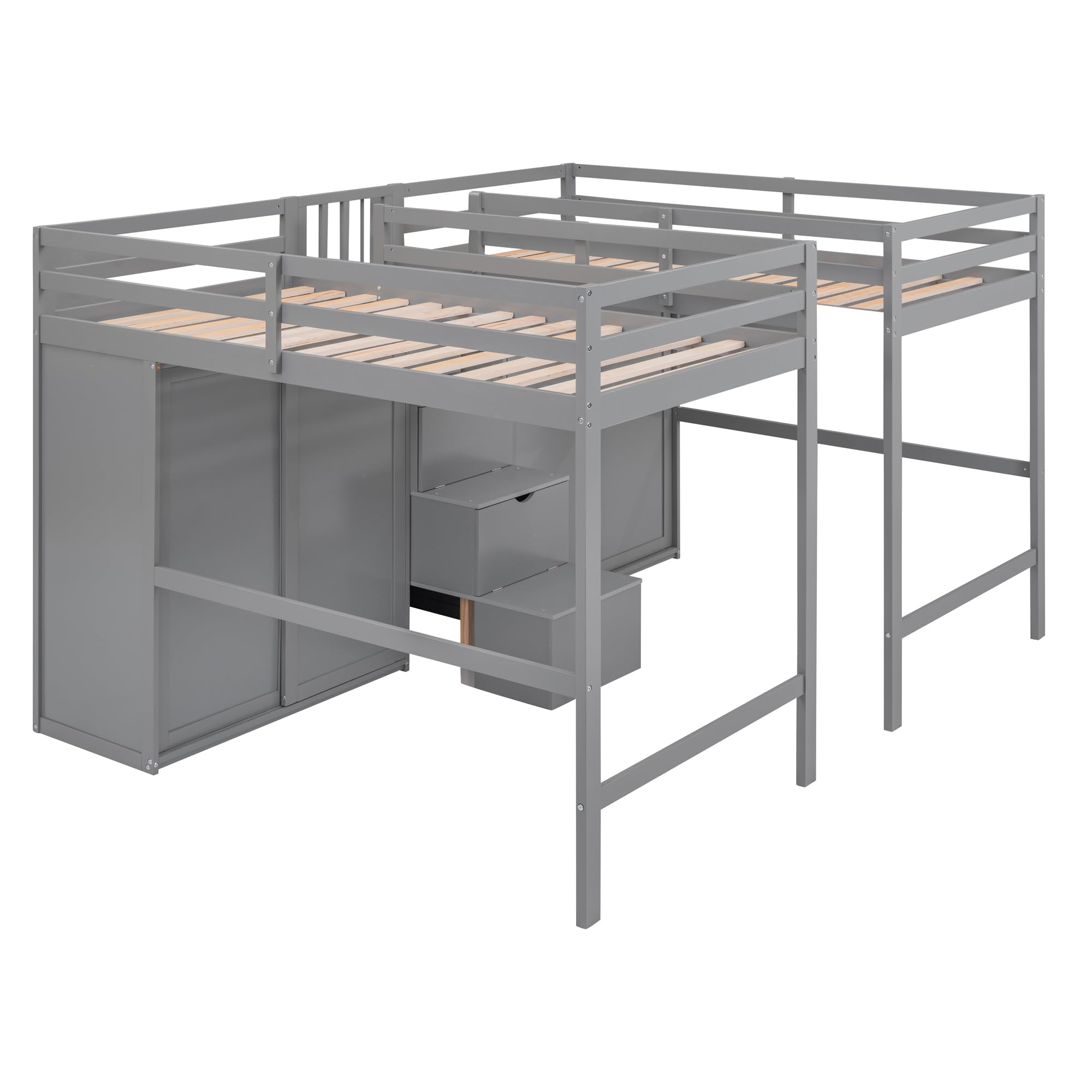 Double Loft Beds with Stairs and 2 Wardrobes, Twin Size Wood Loft Bed Frame with Large Storage Staircase and Closet for Two Kids Girls Boys Teens, No Box Spring Needed, Gray