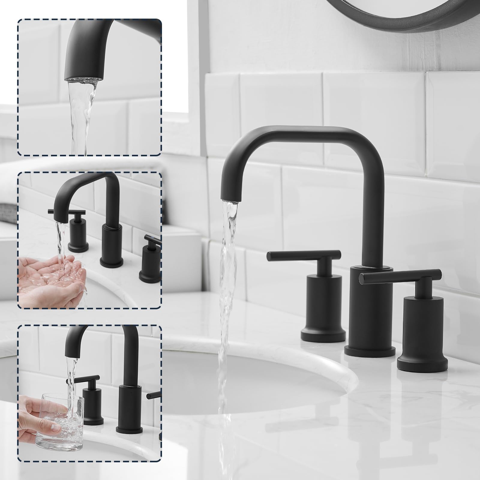 Kroias Matte Black Bathroom Faucet 8 Inch Widespread Bathroom Faucet, Bathroom Faucet for Sink 3 Hole, Waterfall Bathroom Faucet Two Handle Vanity Faucet with Pop-up Drain and cUPC Supply Lines