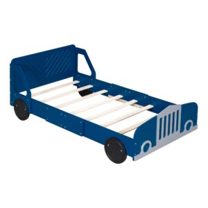 Twin Size Car Bed with Wheels, Wood Platform Bed with Headboard and Footboard, Race Car Bed Frame with Slats Support for Boys Girls, No Box Spring Needed, Blue