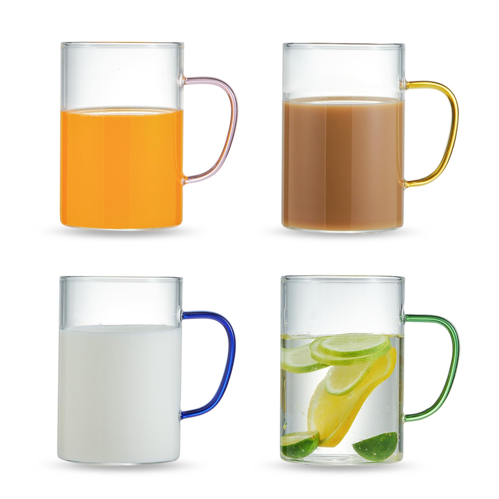 Glass Coffee Mugs 17oz - Set of 4, Clear Espresso Cups with Colored Handle, Large Capacity Wide Mouth Mugs for Latte, Cappuccino, Tea and Hot & Cold Beverages, Dishwasher & Microwave Safe