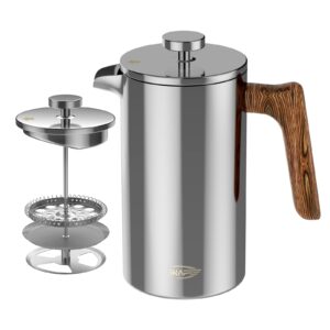 ikape french press coffee maker, 34 oz 304 stainless steel espresso coffee & tea maker with 4 level filtration system(silver)