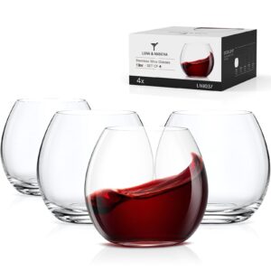 oja stemless wine glasses set of 4, red white no stem wine glasses, premium crystal wine glass, clear, dishwasher safe, sturdy drinking glass, 13.5oz, unique gift for anniversaries, birthday, wedding