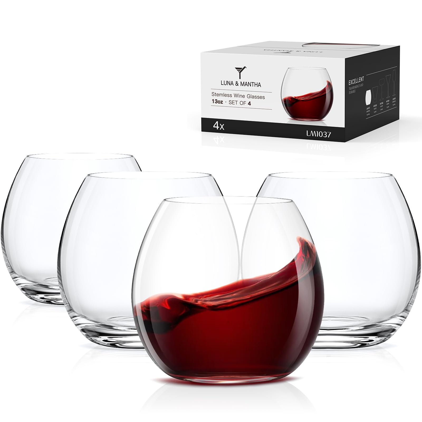 OJA Stemless Wine Glasses Set of 4, Red White no Stem Wine Glasses, Premium Crystal Wine Glass, Clear, Dishwasher Safe, Sturdy Drinking Glass, 13.5oz, Unique Gift for Anniversaries, Birthday, Wedding