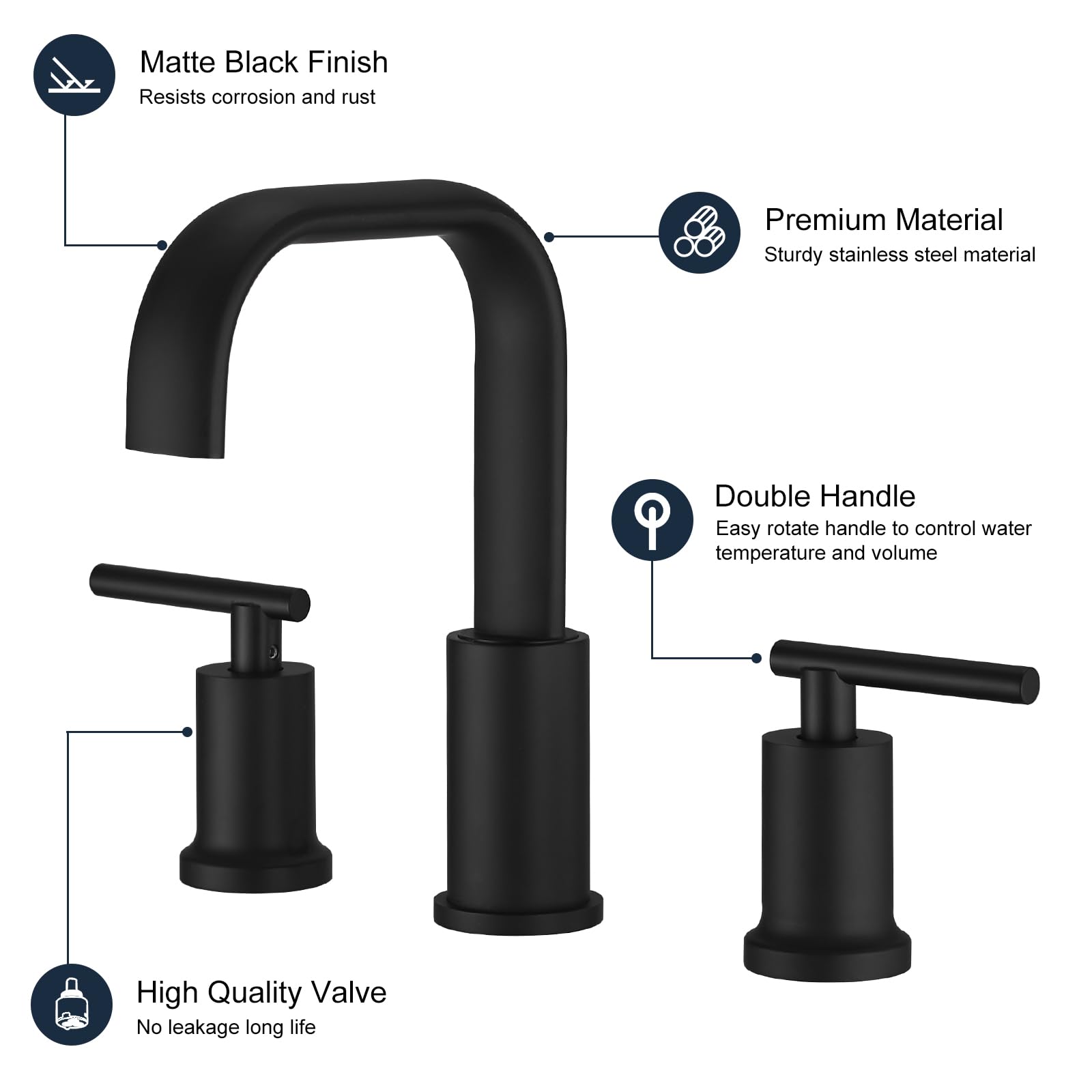 Kroias Matte Black Bathroom Faucet 8 Inch Widespread Bathroom Faucet, Bathroom Faucet for Sink 3 Hole, Waterfall Bathroom Faucet Two Handle Vanity Faucet with Pop-up Drain and cUPC Supply Lines