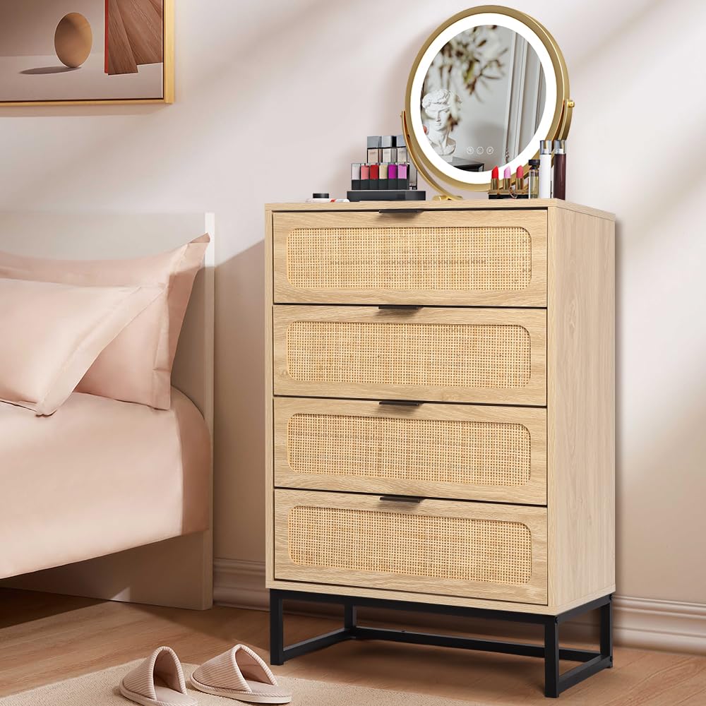 affeivul Mid Century Modern Dresser, 4 Drawer Rattan Dresser for Bedroom Wood, Boho Wooden Rattan Storage Cabinet Side Table with Solid Metal Legs, Tall Skinny Dresser for Closet (Natural)