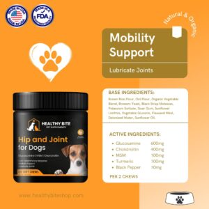 Healthy Bite Hip and Joint Supplement for Dogs - Glucosamine Chondroitin for Dogs Senior Dog Supplements - MSM, Turmeric Mobility Support, Dog Arthritis Pain Relief - Made in USA - 120 Count