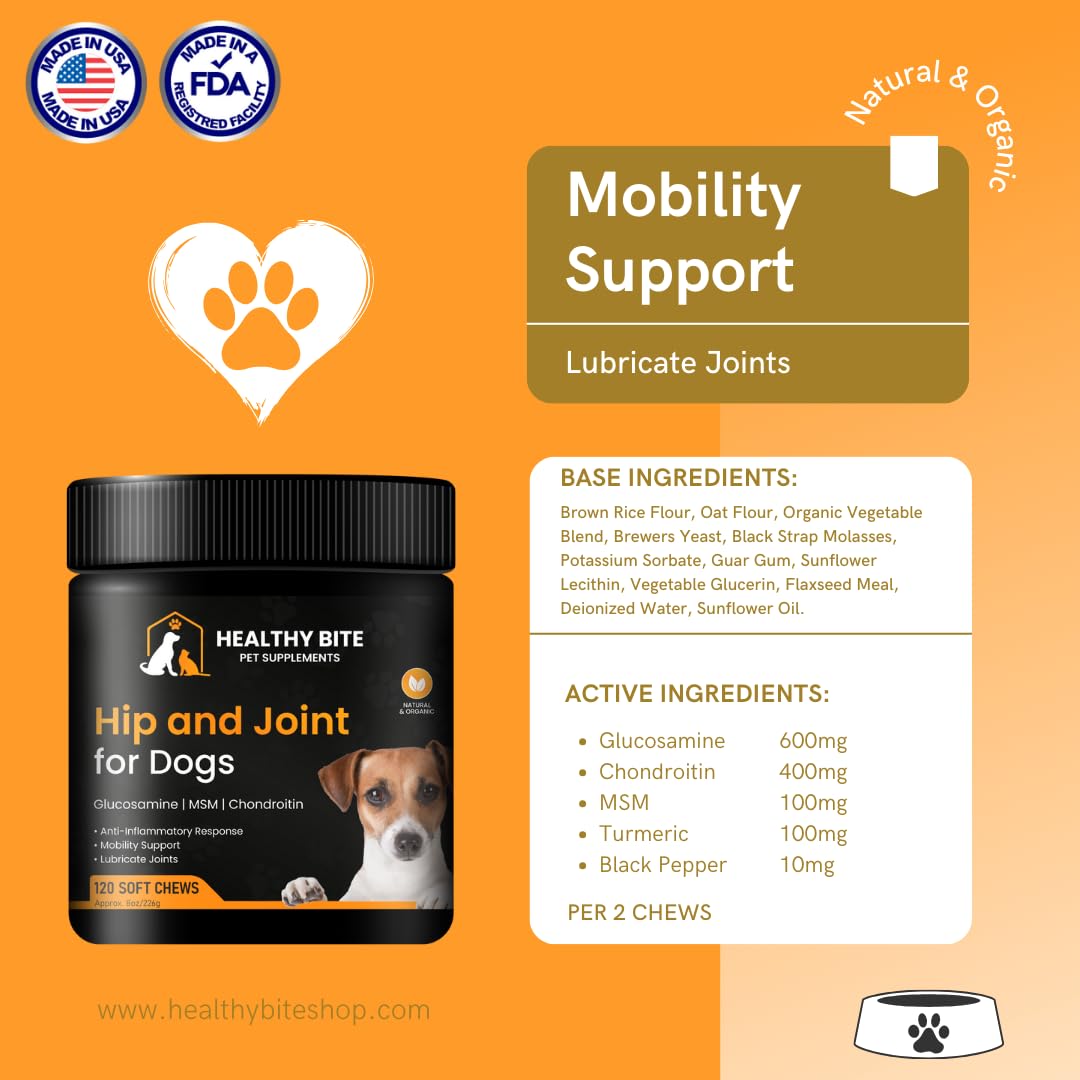 Healthy Bite Hip and Joint Supplement for Dogs - Glucosamine Chondroitin for Dogs Senior Dog Supplements - MSM, Turmeric Mobility Support, Dog Arthritis Pain Relief - Made in USA - 120 Count