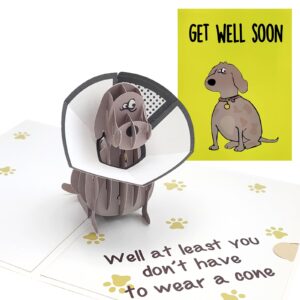 mmuue funny pop up get well soon card, humorous 3d speedy surgery recovery card for friends patient, lovely sympathy cards for men women, at least you don't have to wear a cone, pug cone card