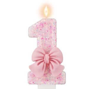 pink number 1 birthday candle, girl 1st ​birthday party pink theme decorations supplies, 3d bow designed glitter pink number candles for birthday cake topper decorations (1 candle pink)