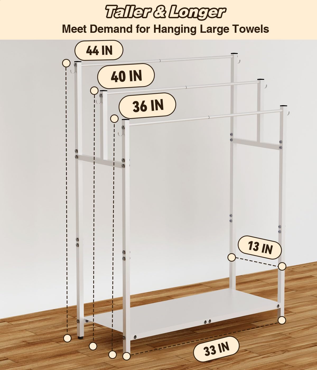 Mondazie 44” Tall Free Standing Towel Racks with 6 Hooks for Bathroom, 3 Tiers Oversized Pool Bath Towels Drying Stand, Metal Blanket Ladder Holder with Storage Shelf for Bedroom Living Room, White