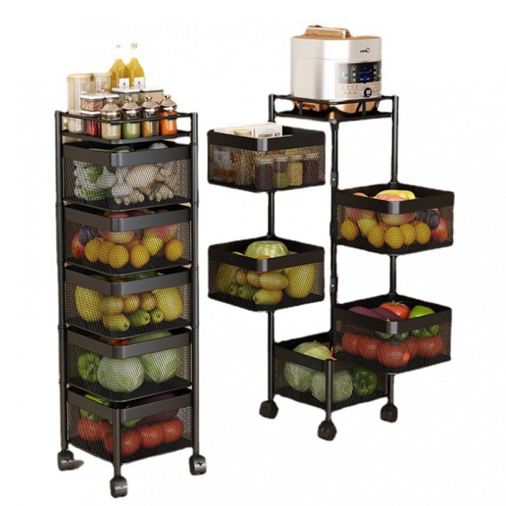 CLAYHU Rotating Storage Rack with Lockable Casters & Stainless Steel Removable Storage Basket Fruit and Vegetable Storage Rack for Kitchen Bathroom Storage Basket Rack Bedroom (Black, 5 Tier)