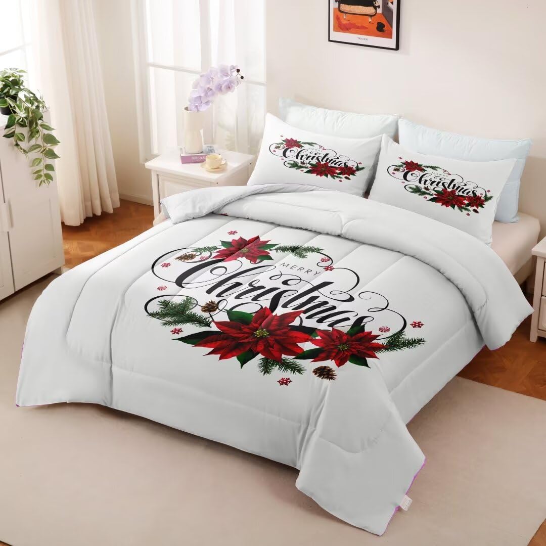 GRAT TIOC Christmas Comforter King,Xmas Bedding Set Set,Red Poinsettia Flowers Comforter Merry Christmas Bed Bedroom Set Home Decor for Kids Girls Women White