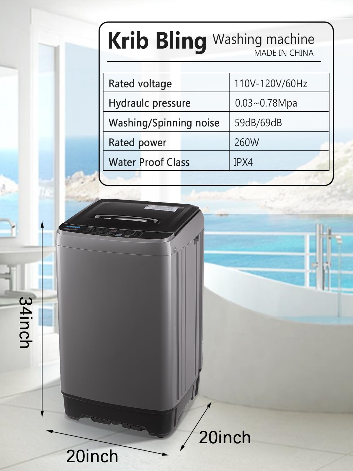 Krib Bling 17.7 lbs Full-Automatic Washing Machine with LED Display, Portable Compact Laundry Washer with Drain Pump, 10 Wash Programs 8 Water Levels, Grey