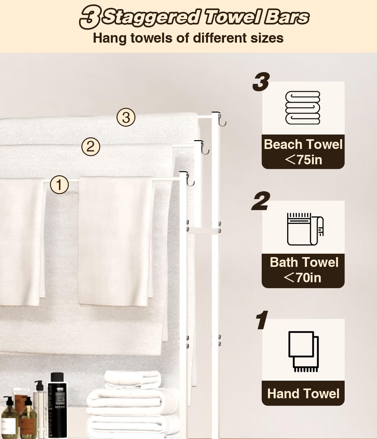 Mondazie 44” Tall Free Standing Towel Racks with 6 Hooks for Bathroom, 3 Tiers Oversized Pool Bath Towels Drying Stand, Metal Blanket Ladder Holder with Storage Shelf for Bedroom Living Room, White