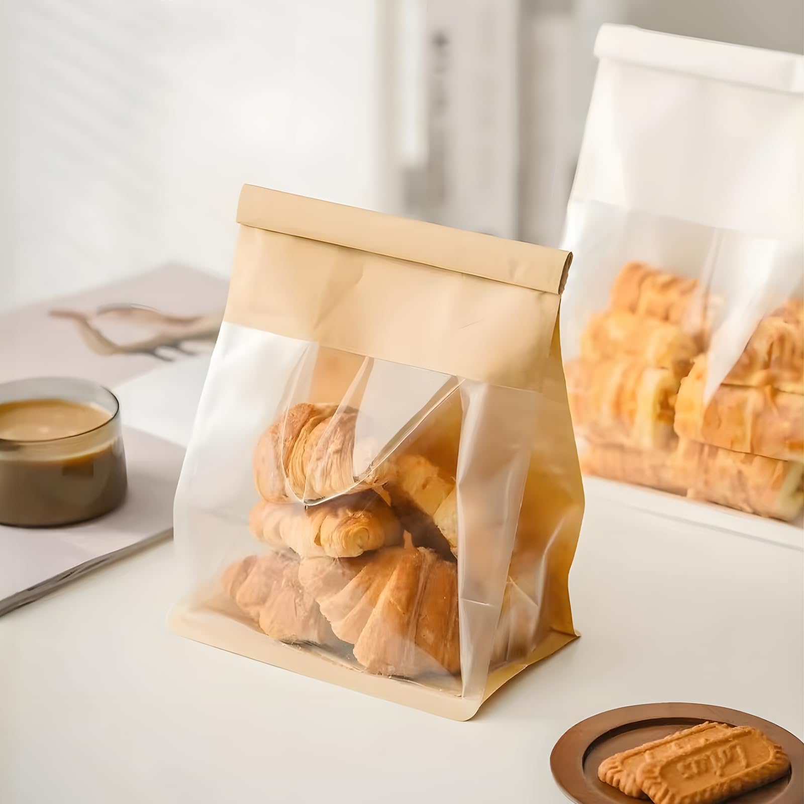 Roppolo 50 Pcs 6.3 Inch Bread Bags with Tin Tie, Medium Loaf Bags Made Of Brown Cotton Paper, Storage Packing Bag with Clear Window for Bakery, Cafe, Homemade Bread