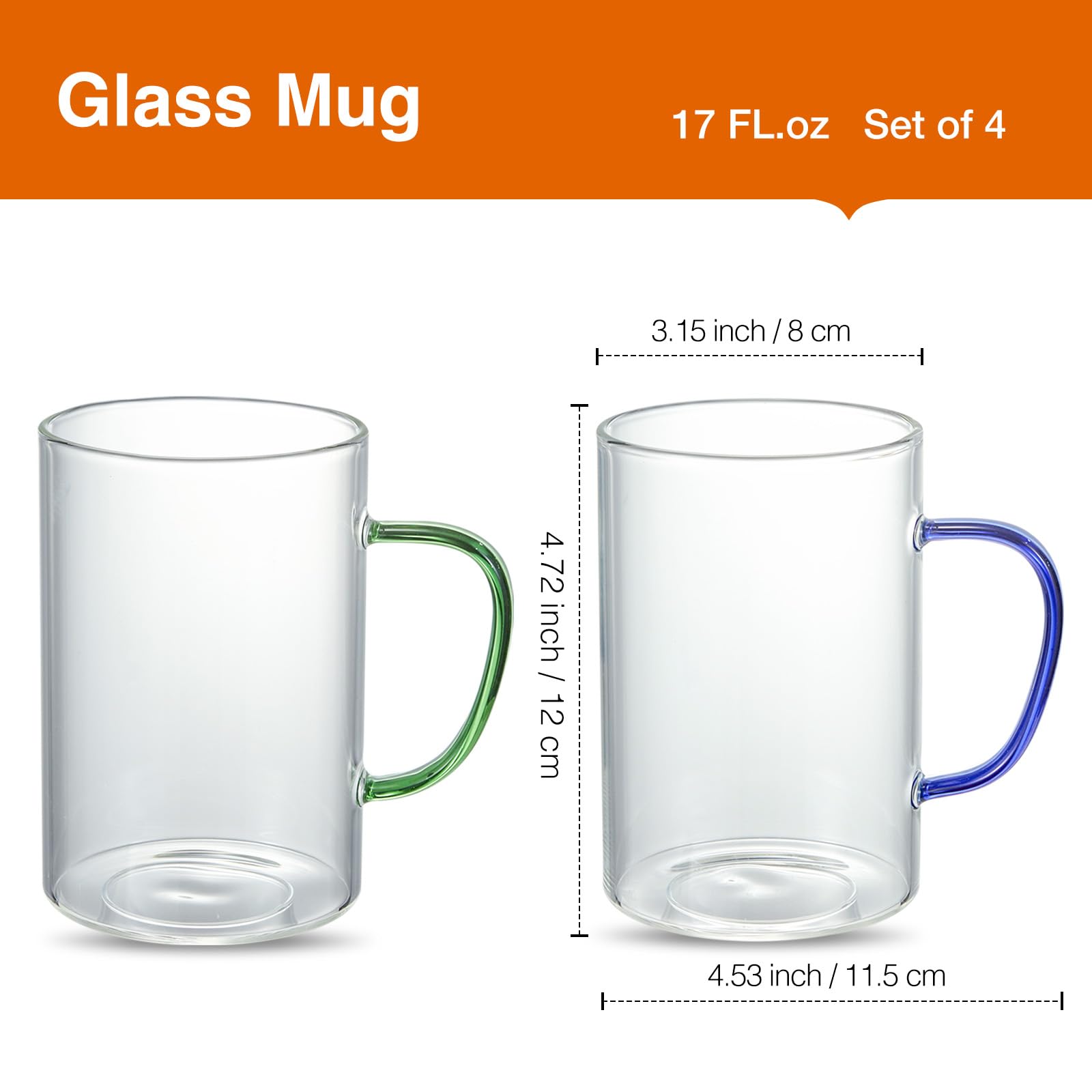 Glass Coffee Mugs 17oz - Set of 4, Clear Espresso Cups with Colored Handle, Large Capacity Wide Mouth Mugs for Latte, Cappuccino, Tea and Hot & Cold Beverages, Dishwasher & Microwave Safe