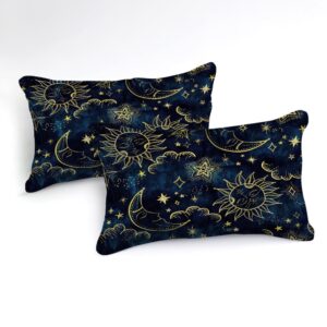 Merryword Sun and Moon Comforter Set Queen Size Blue Gold Bedding Comforter Blue Universe Galaxy Sun Moon Pattern Bohemian Gothic Comforter Set for Kids Boys Teens