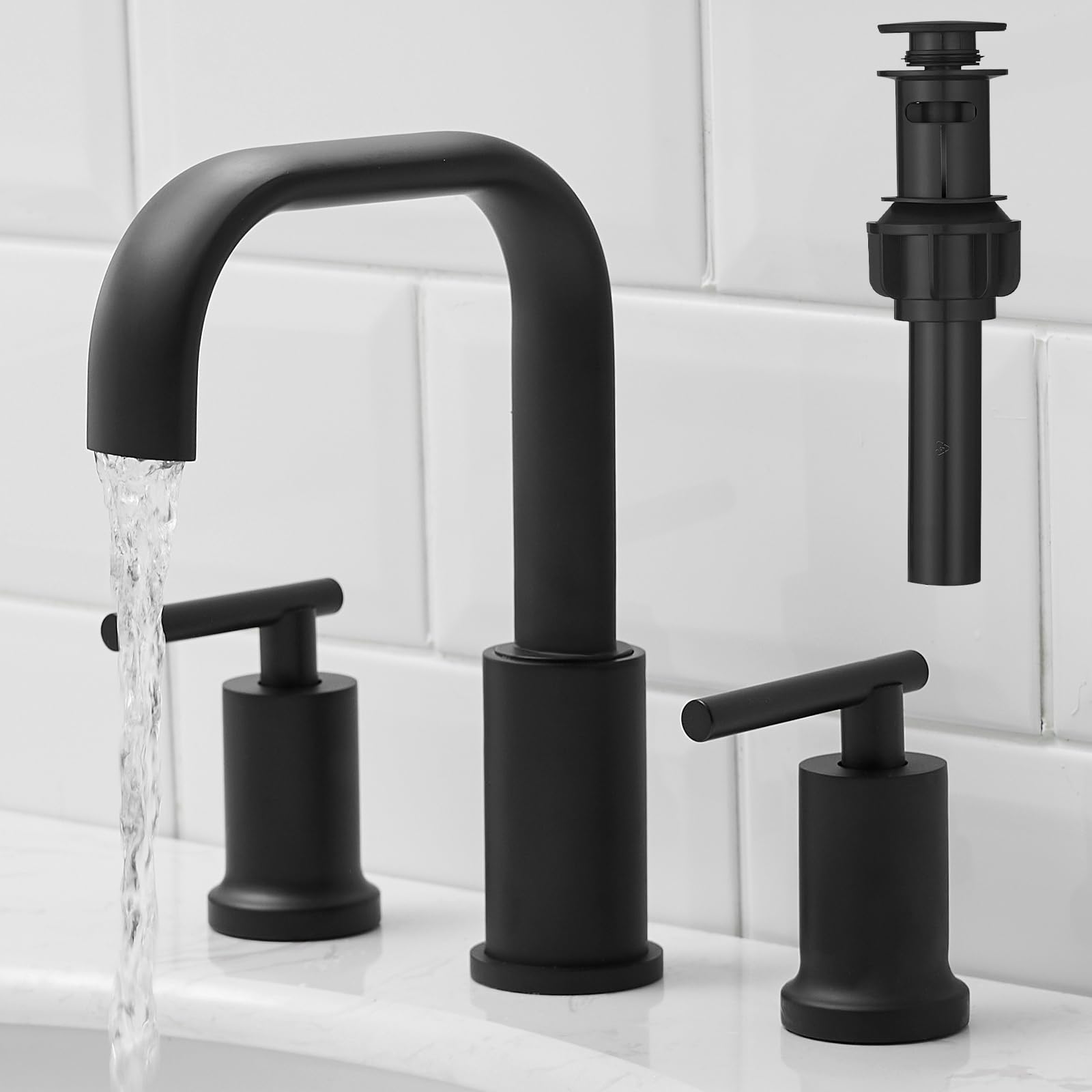 Kroias Matte Black Bathroom Faucet 8 Inch Widespread Bathroom Faucet, Bathroom Faucet for Sink 3 Hole, Waterfall Bathroom Faucet Two Handle Vanity Faucet with Pop-up Drain and cUPC Supply Lines