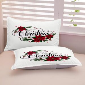 GRAT TIOC Christmas Comforter King,Xmas Bedding Set Set,Red Poinsettia Flowers Comforter Merry Christmas Bed Bedroom Set Home Decor for Kids Girls Women White