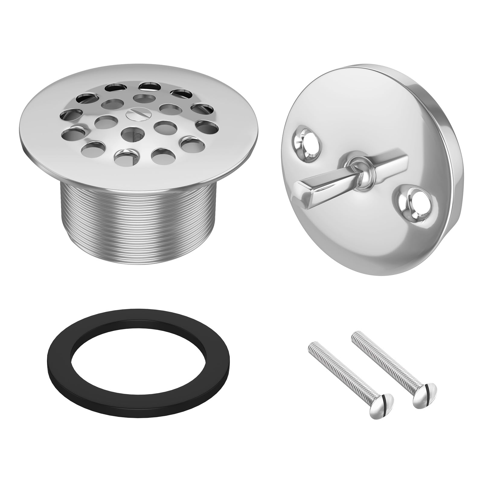 Trip Lever Tub Trim Kit Set With Two Hole Trip Lever Overflow Face Plate, Grid Tub Drain Kit, Bathtub Drain Assembly Stopper Kit, Overflow and Matching Screws(Chrome Plated)