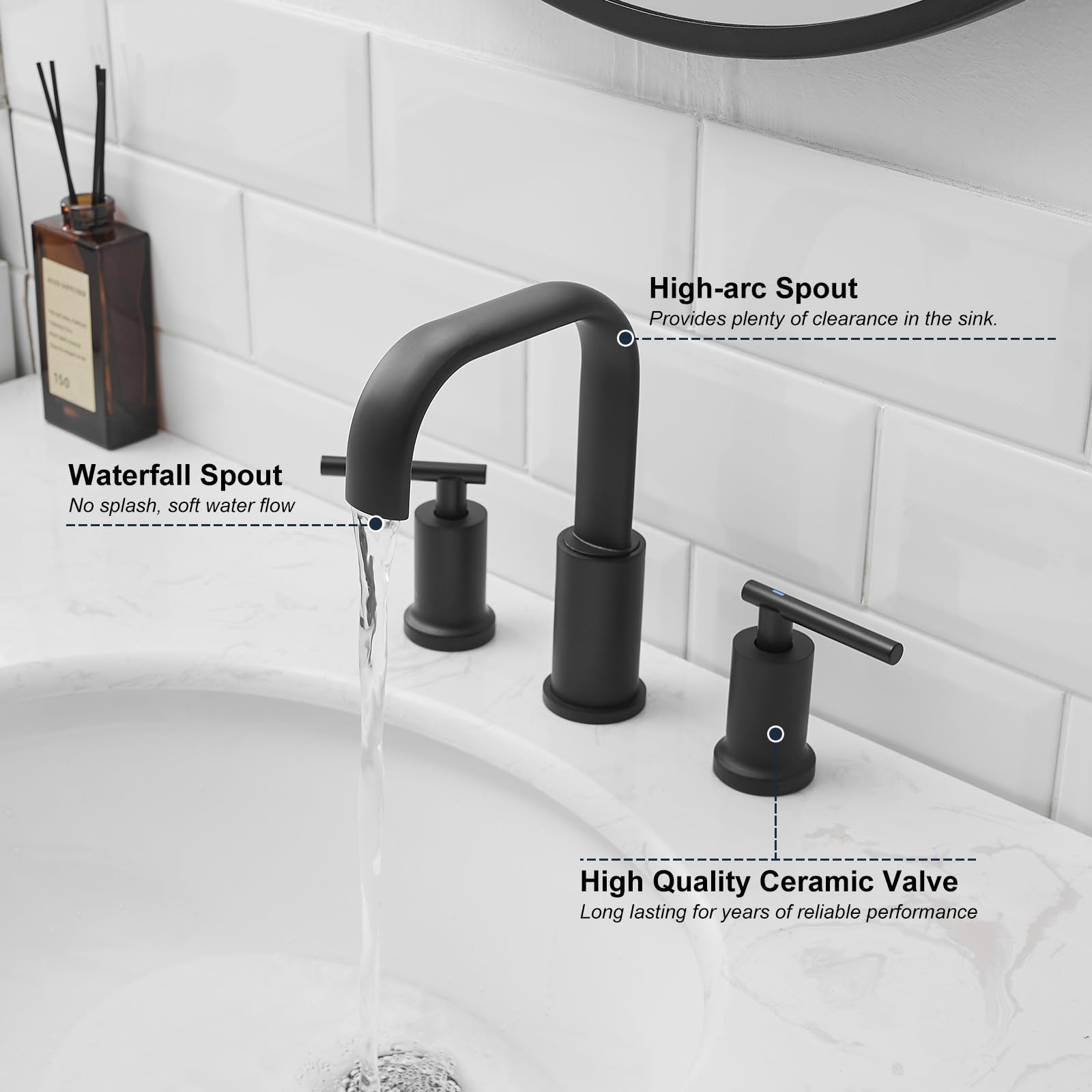 Kroias Matte Black Bathroom Faucet 8 Inch Widespread Bathroom Faucet, Bathroom Faucet for Sink 3 Hole, Waterfall Bathroom Faucet Two Handle Vanity Faucet with Pop-up Drain and cUPC Supply Lines