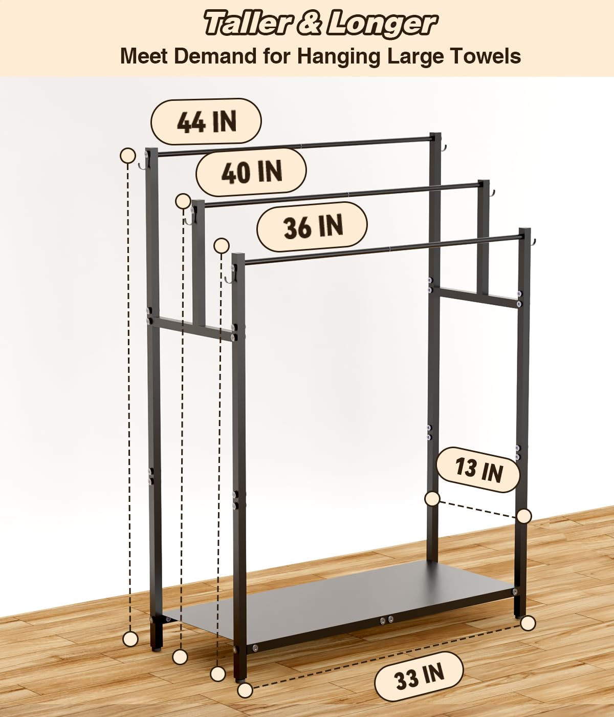 Mondazie 44” Tall Free Standing Towel Racks with 6 Hooks for Bathroom, 3 Tiers Oversized Pool Bath Towels Drying Stand, Metal Blanket Ladder Holder with Storage Shelf for Bedroom Living Room, Black