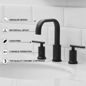 Kroias Matte Black Bathroom Faucet 8 Inch Widespread Bathroom Faucet, Bathroom Faucet for Sink 3 Hole, Waterfall Bathroom Faucet Two Handle Vanity Faucet with Pop-up Drain and cUPC Supply Lines