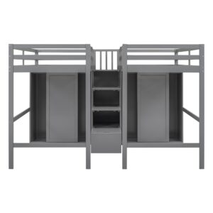 Double Loft Beds with Stairs and 2 Wardrobes, Twin Size Wood Loft Bed Frame with Large Storage Staircase and Closet for Two Kids Girls Boys Teens, No Box Spring Needed, Gray