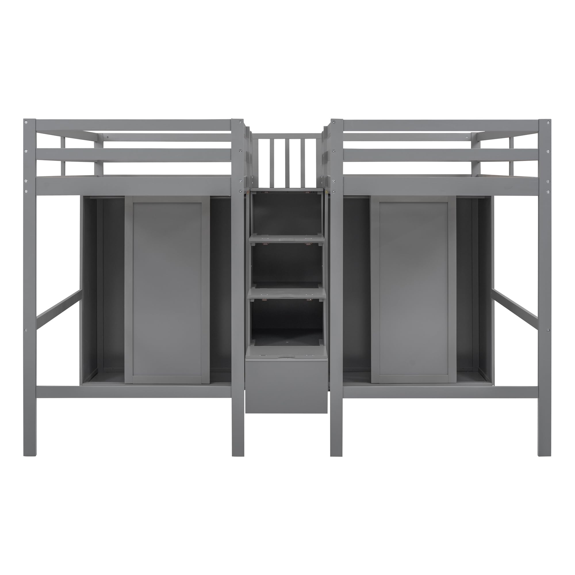 Double Loft Beds with Stairs and 2 Wardrobes, Twin Size Wood Loft Bed Frame with Large Storage Staircase and Closet for Two Kids Girls Boys Teens, No Box Spring Needed, Gray