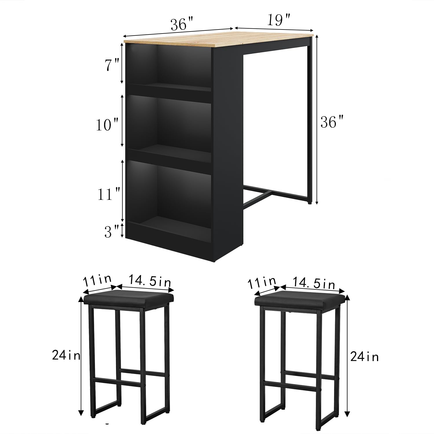 Gyger 3 Piece Dining Table with 3 Storage Shelves，Bar Table and Small Kitchen Table Set for 2，Wooden Counter Height Table Set for Kitchen，Dining Room Island Table,Black