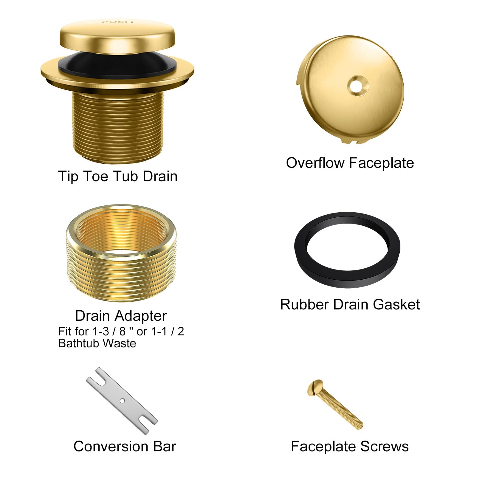 Bathtub Drain Tip Toe Tub Conversion Kit Assembly, Replacement Tub Drain Kit with One-Hole Overflow Faceplate and Universal Fine/Coarse Thread and Adapter(Brushed Gold)