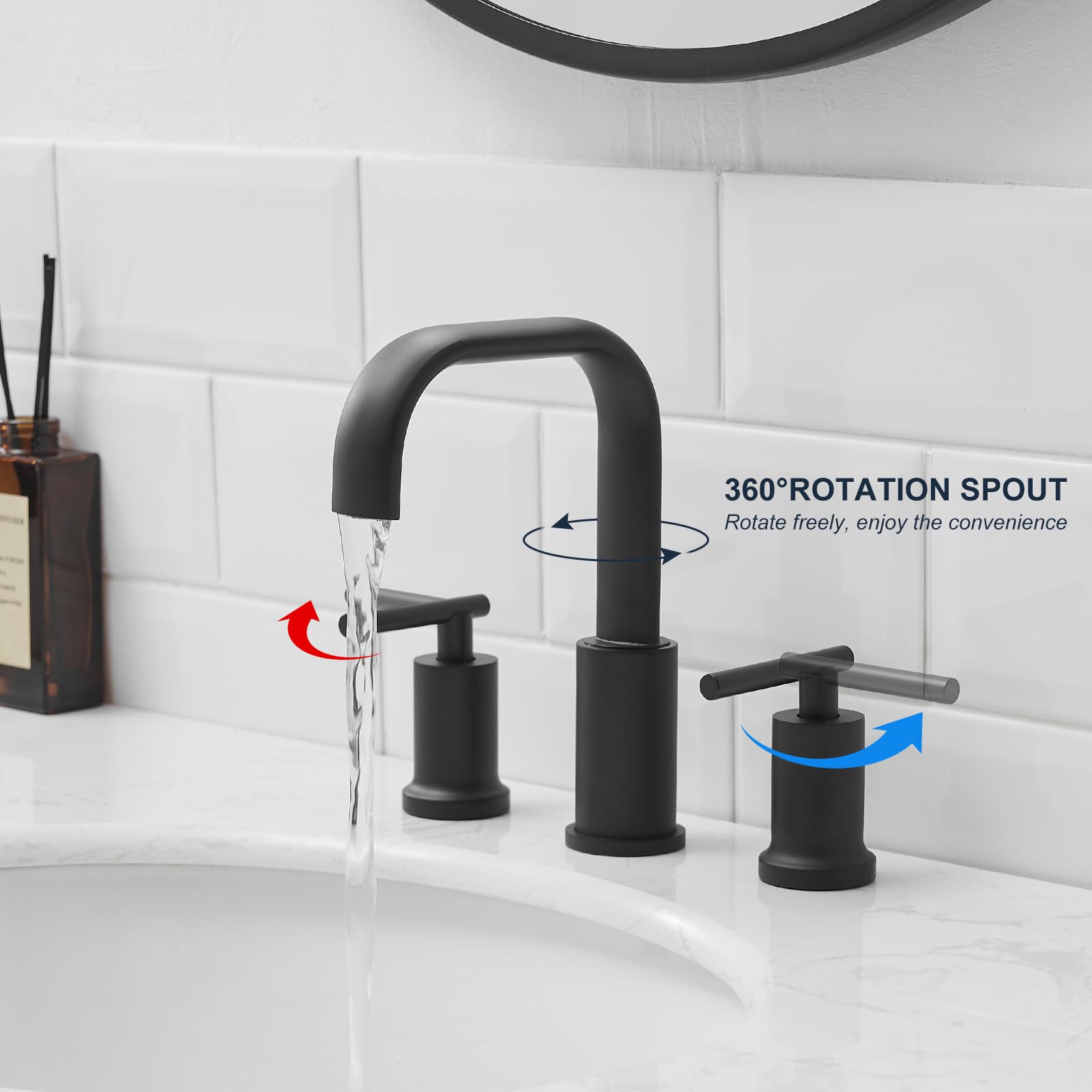 Kroias Matte Black Bathroom Faucet 8 Inch Widespread Bathroom Faucet, Bathroom Faucet for Sink 3 Hole, Waterfall Bathroom Faucet Two Handle Vanity Faucet with Pop-up Drain and cUPC Supply Lines