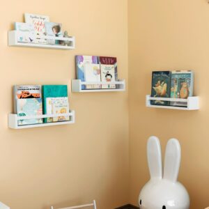 crazymoto floating shelf wall set of 4, white floating book shelves for kids room,nursery shelves,book shelf, display shelf organizer spice rack for bathroom, bedroom, living room, kitchen, office