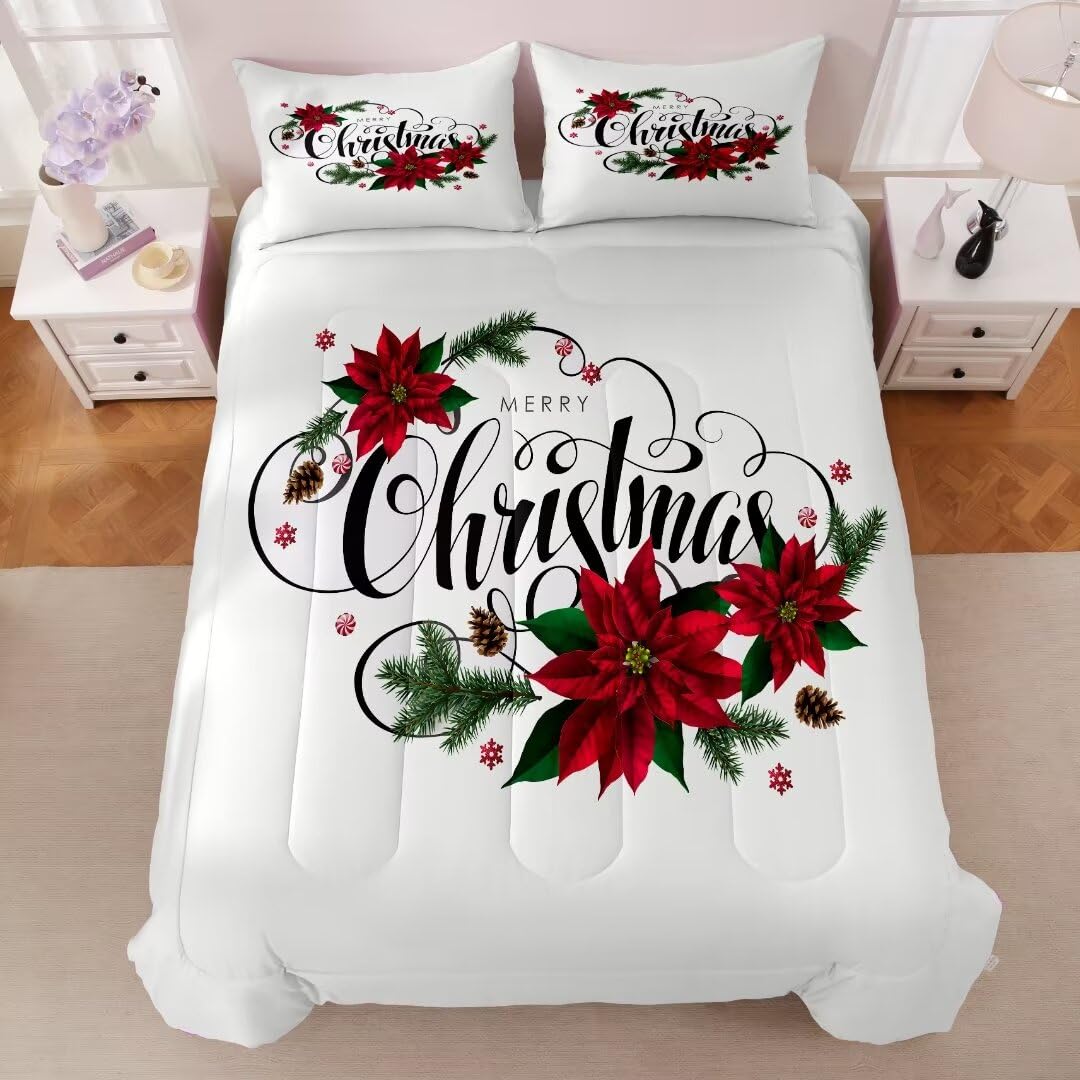 GRAT TIOC Christmas Comforter King,Xmas Bedding Set Set,Red Poinsettia Flowers Comforter Merry Christmas Bed Bedroom Set Home Decor for Kids Girls Women White