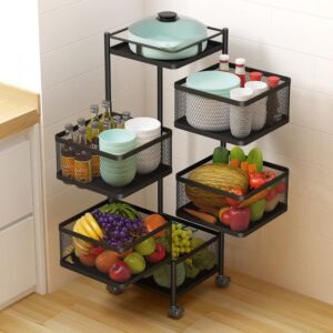 CLAYHU Rotating Storage Rack with Lockable Casters & Stainless Steel Removable Storage Basket Fruit and Vegetable Storage Rack for Kitchen Bathroom Storage Basket Rack Bedroom (Black, 5 Tier)