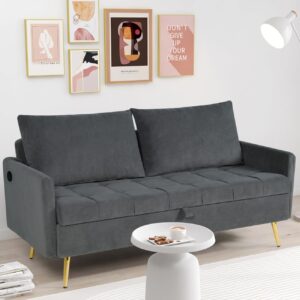 LINLUX 60" W Velvet Loveseat Sofa Couch with Storage, Small Love Seat Couches for Bedroom, Living Room, Office, Dorm, Comfy Cushion, 2 USB Charging Ports, Dark Grey