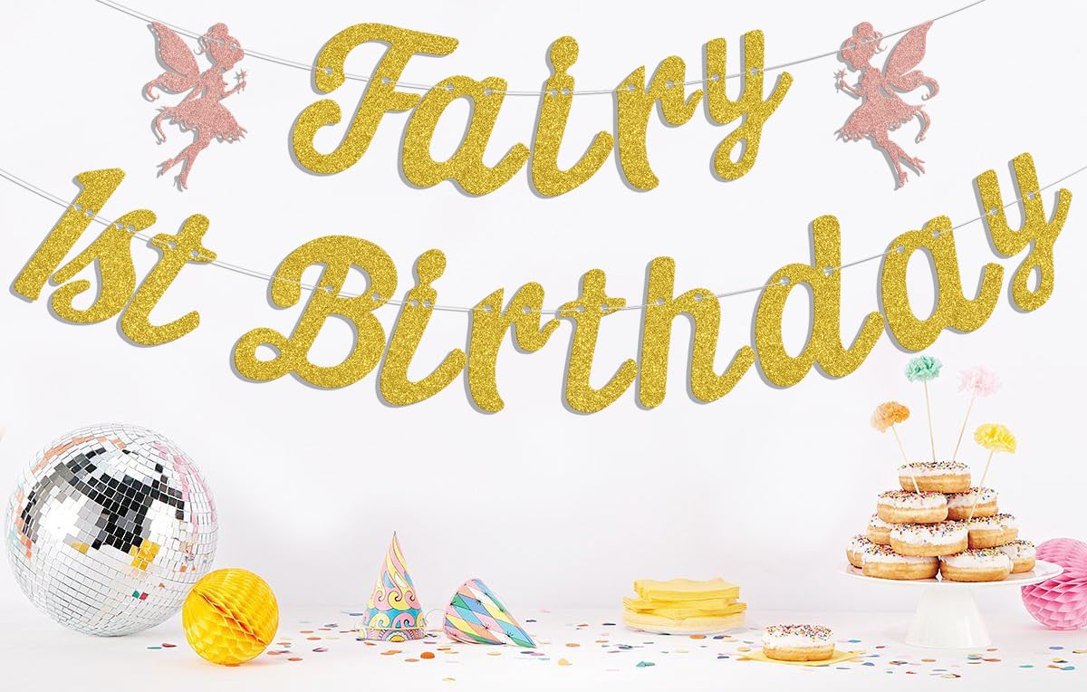 Fairy 1st Birthday Banner, Cute Fairies 1st Birthday Party Decorations, Flower Fairy Girl Happy First Birthday Anniversary Baby Shower Party Supplies Gold Rose Gold