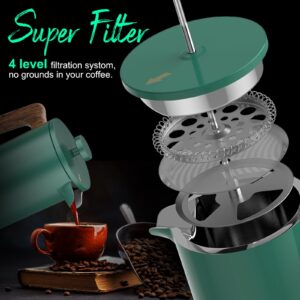 IKAPE French Press Coffee Maker, 34 OZ 304 Stainless Steel Espresso Coffee & Tea Maker with 4 Level Filtration System(Green)