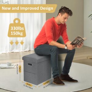 Emosoon Tall Ottoman with Storage Collapsible Fabric Small Slim Folding Ottoman Furniture with Handles Lid Ottoman for Room Footrest Foot Stool Linen Grey 16.5x16.5x11.8in