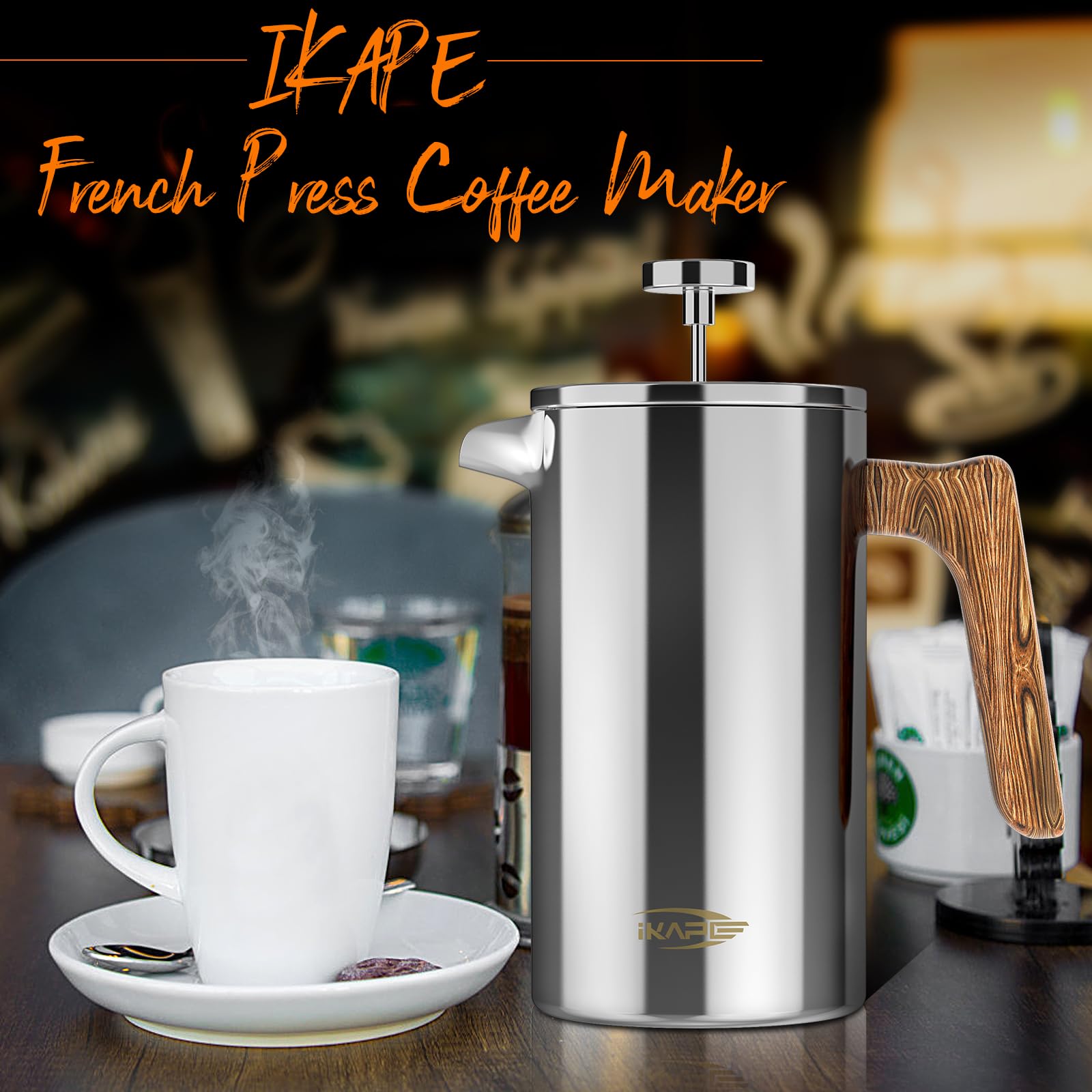 IKAPE French Press Coffee Maker, 34 OZ 304 Stainless Steel Espresso Coffee & Tea Maker with 4 Level Filtration System(Silver)