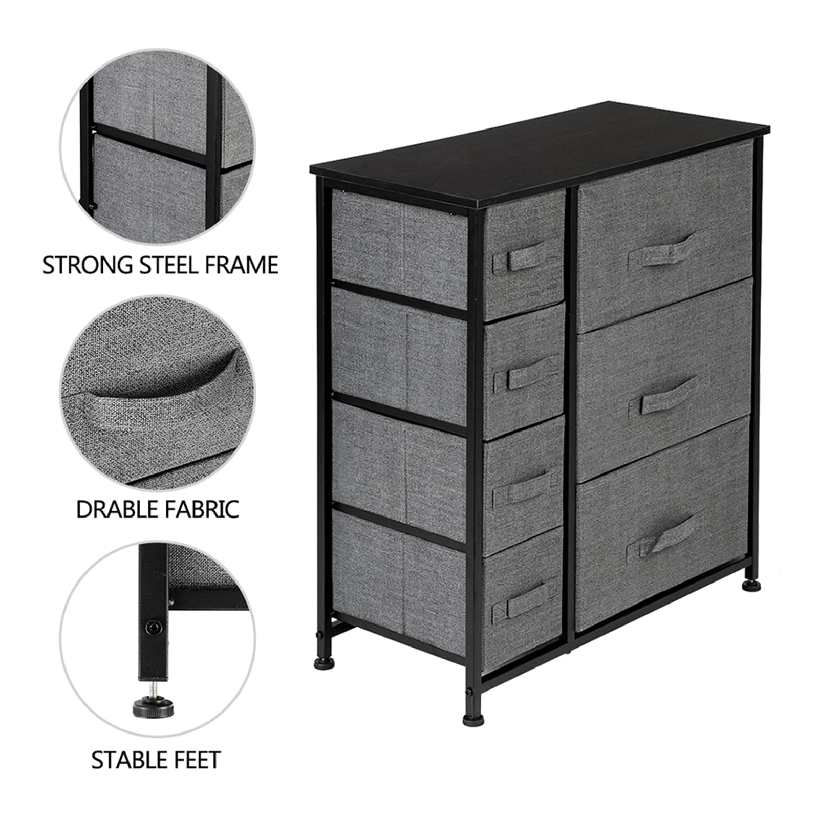 7-Drawer Fabric Dresser Tower, Fabric Storage Chest Tower, Steel Frame, Wood Top for Bedroom, Hallway, Closet Storage Unit Organize Home, Entryway, Stable, Lightweight, Versatile 66lb Capacity Grey