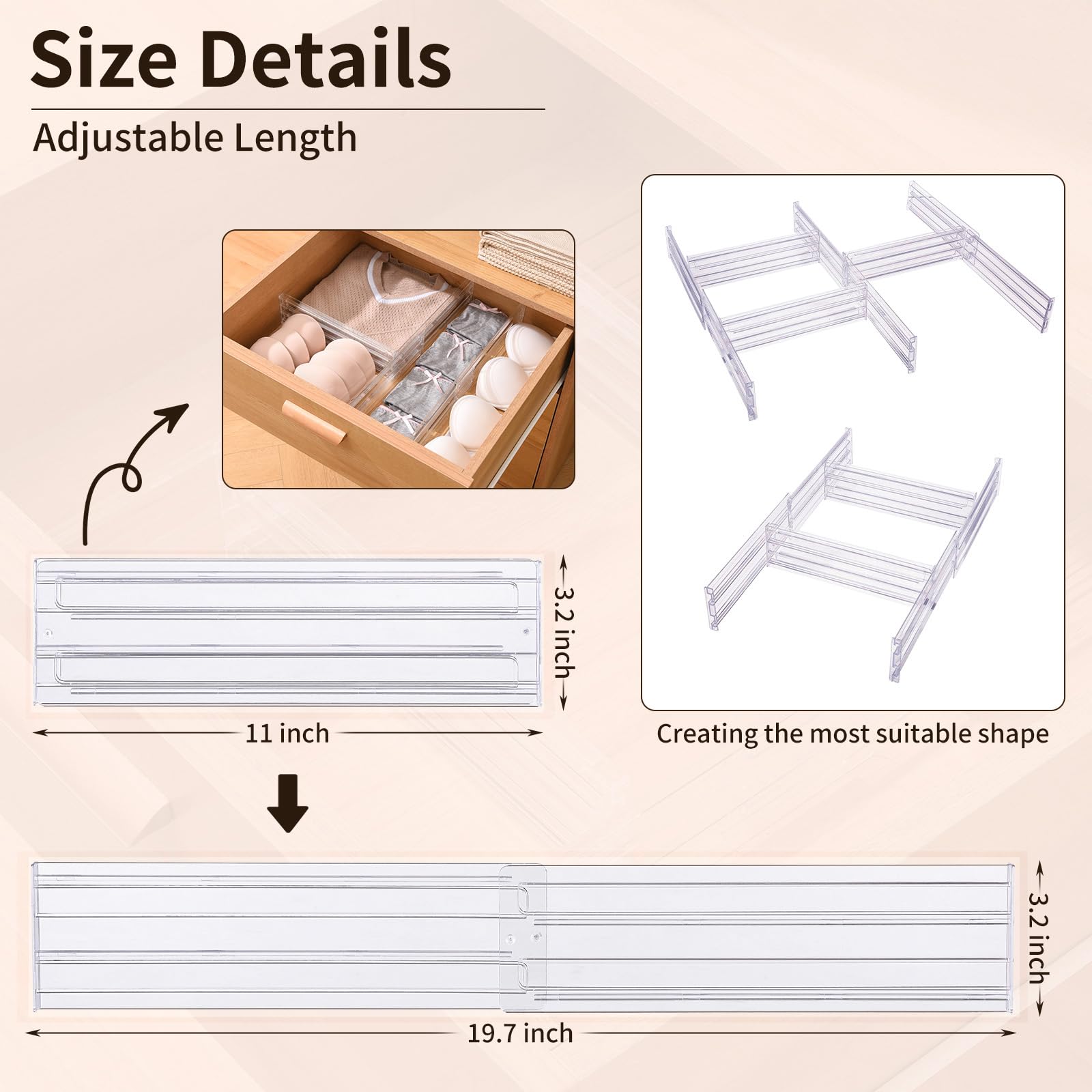 seinlife 6 Pack Plastic Drawer Dividers 3.2" High, 11-19.7" Adjustable Drawer Organizers for Clothes, Expandable Separators in Bedroom/Kitchen/Office Organization and Makeup Cosmetic Storage-Clear