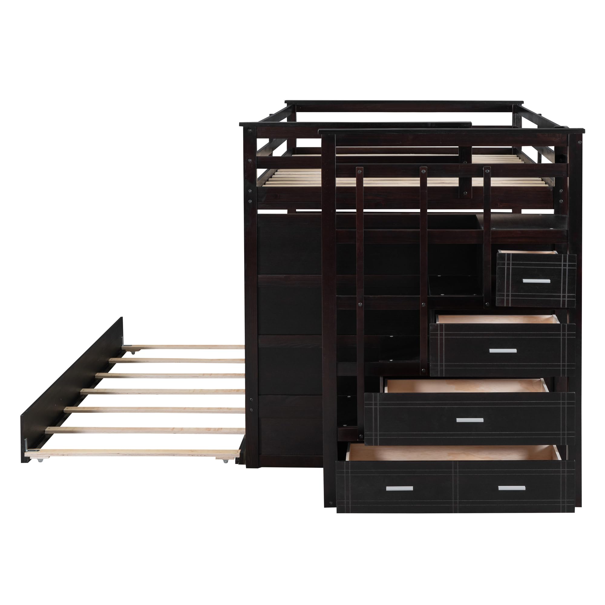 Full Over Full Bunk Bed with Stairs and Trundle, Kids Full Size Bunk Beds with Storage Drawers, Wood Trundle Bunk Beds with Guardrail for Kids Teens Adults,Espresso