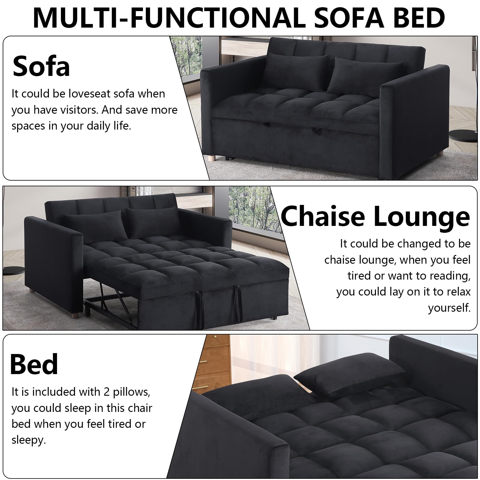 Keainvren Sleeper Sofa Convertible Sofa Bed Loveseat Sleeper Sofa Couch Futon Sofa Couch Velvet Chaise Longue Daybed with Lumbar Pillows for Living Room,Bedroom,Apartment (Black 4)