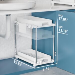 VERIFOST 2 Pack Under Sink Organizers and Storage, Double Sliding Kitchen Cabinet Organizer, 2 Tier Height Adjustable Countertop Organizer for Kitchen Bathroom Laundry, White