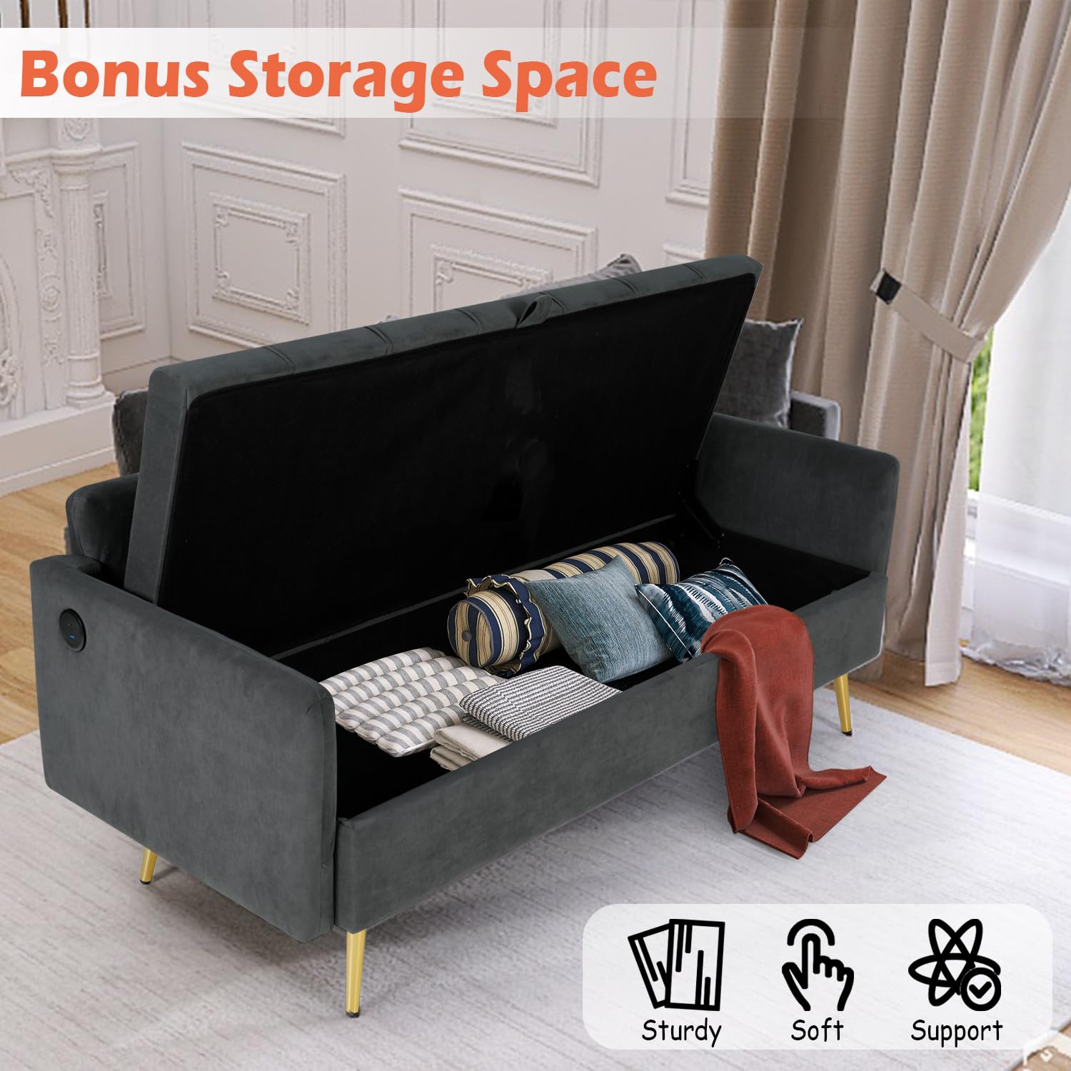 LINLUX 60" W Velvet Loveseat Sofa Couch with Storage, Small Love Seat Couches for Bedroom, Living Room, Office, Dorm, Comfy Cushion, 2 USB Charging Ports, Dark Grey