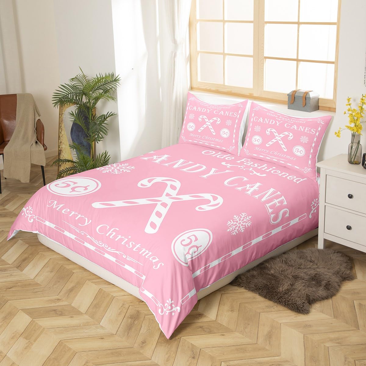 jejeloiu Christmas Bedding Set Queen Size Kids Christmas Quote Comforter Cover Set for Boys Girls Teens Candy Canes Print Duvet Cover Xmas Bedspread Cover Room Decorations Pink White Quilt Cover