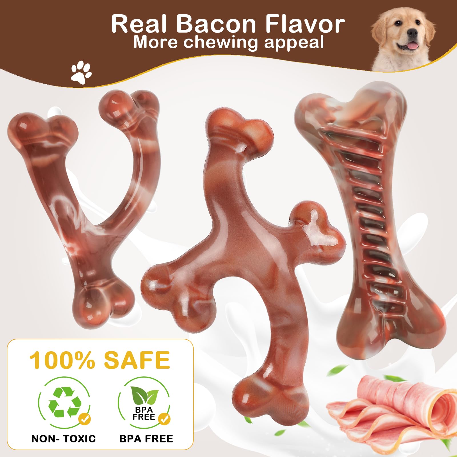 NOUGAT Dog Toys for Aggressive Chewers 3 Pack Indestructible Dog Toy Tough Nylon Bacon Flavor Dog Chew Toys for Large Medium Small Breed